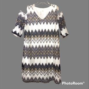 Tacera 1X Chevron a-line crochet cold shoulder dress gray tan off-white taupe
